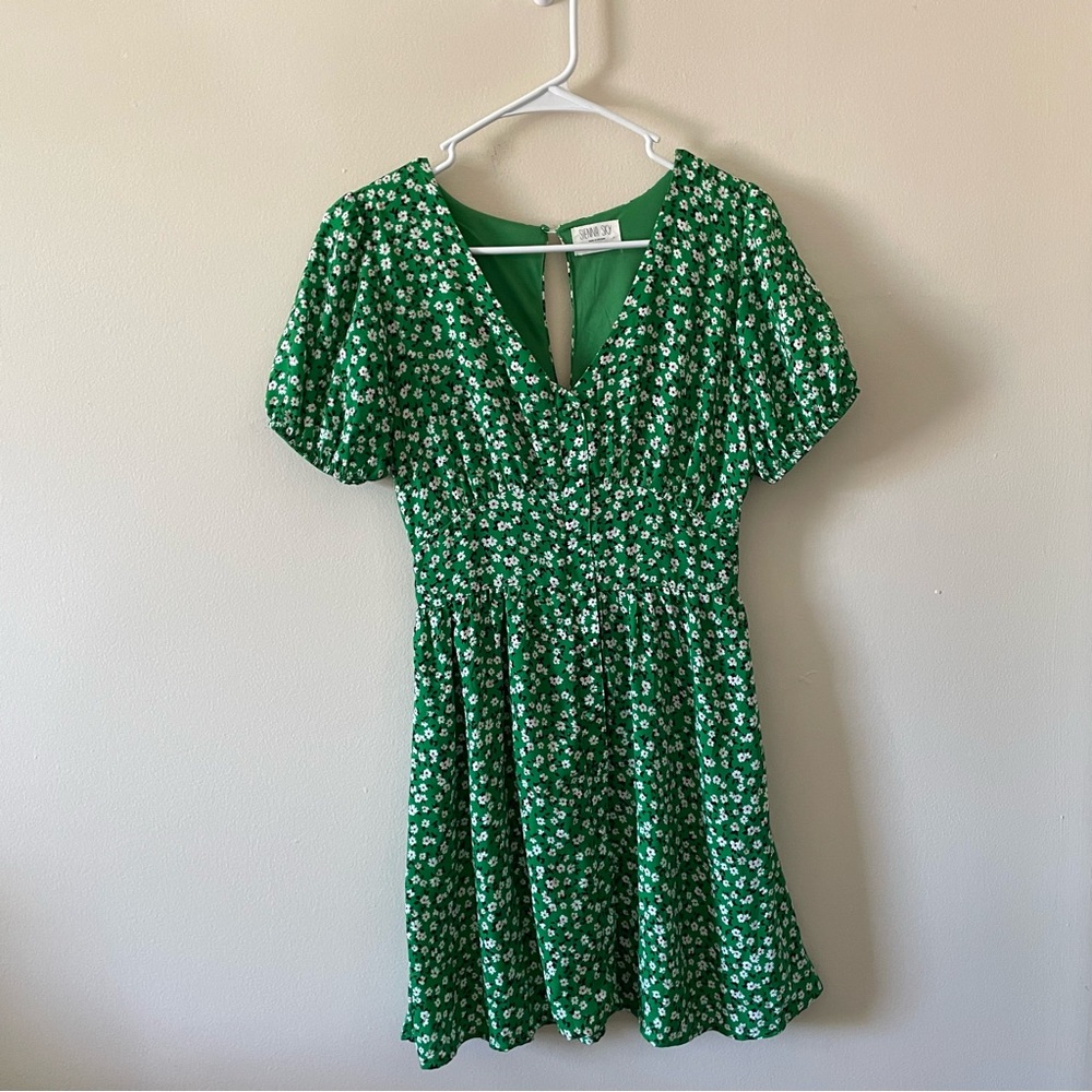 Sienna Sky dress, size small, green, puff sleeves, button front
